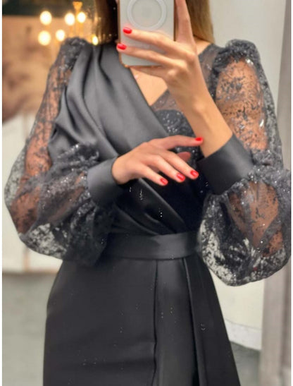 A-Line Evening Gown Elegant Dress Formal Christmas Red Green Dress Court Train Long Sleeve V Neck Satin with Pleats Ruched Slit 2026