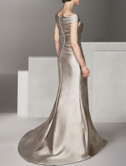 A-Line Mother of the Bride Dress Formal Wedding Guest Elegant Scoop Neck Off Shoulder Floor Length Ankle Length Italy Satin Cap Sleeve with Ruching