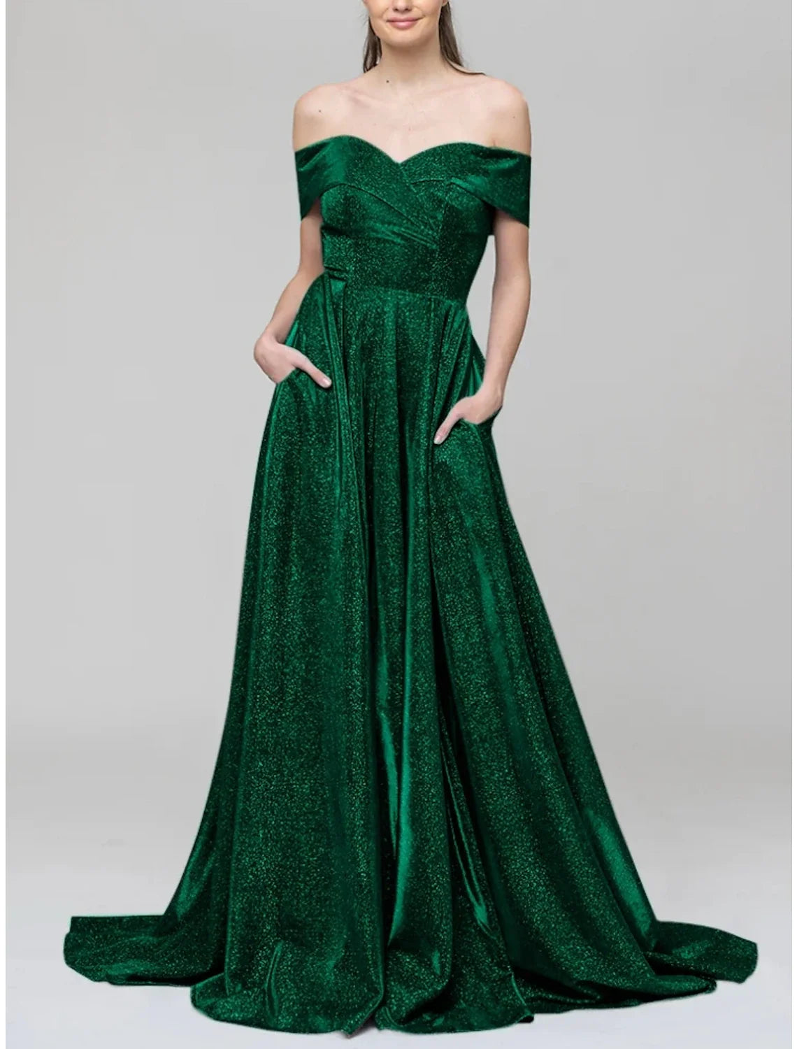 A-Line Evening Gown Sparkle & Shine Dress Formal Court Train Short Sleeve Off Shoulder Sequined with Glitter Pleats 2026