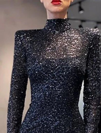 Mermaid Black Dress Evening Gown Sparkle & Shine Dress Formal Cocktail Party Floor Length Long Sleeve High Neck Sequined with Sequin 2026