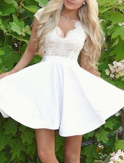 A-Line Homecoming Dresses Little White Dresses Dress Holiday Graduation Short / Mini Short Sleeve V Neck Satin with Appliques