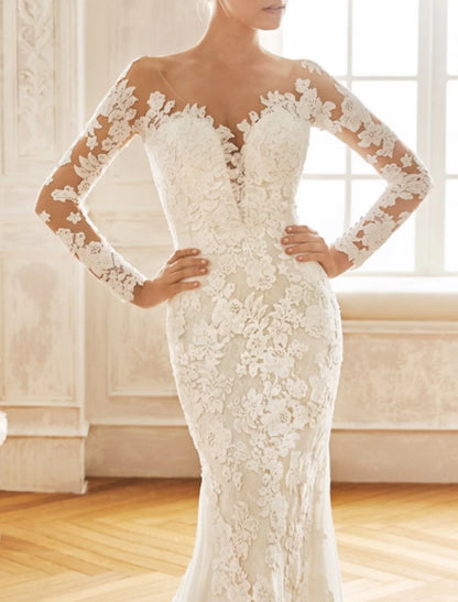 Engagement Open Back Formal Wedding Dresses Mermaid / Trumpet Illusion Neck Long Sleeve Court Train Chiffon Bridal Gowns With Embroidery Appliques