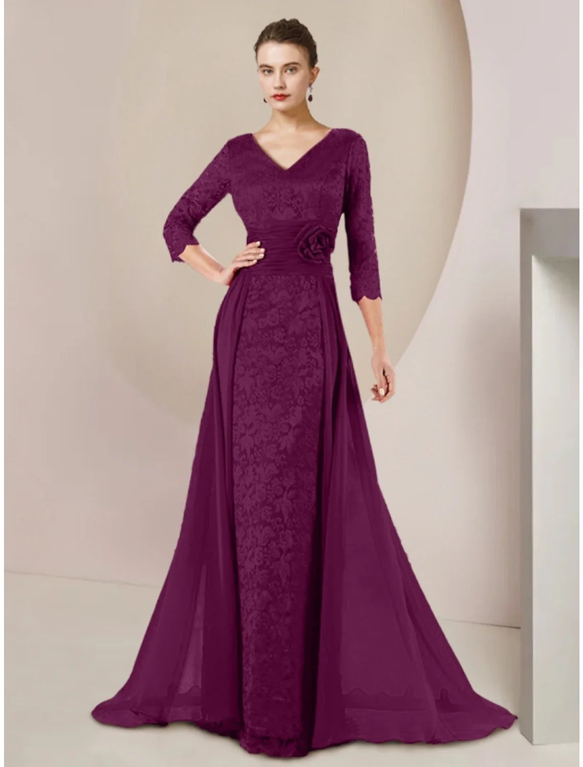 A-Line Mother of the Bride Dress Wedding Guest Elegant V Neck Floor Length Chiffon 3/4 Length Sleeve with Appliques Ruching