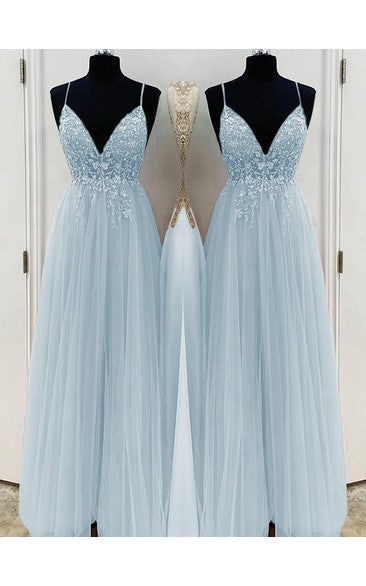 A-line/elegant beaded chiffon thin shoulder strap sleeveless floor length Prom dress