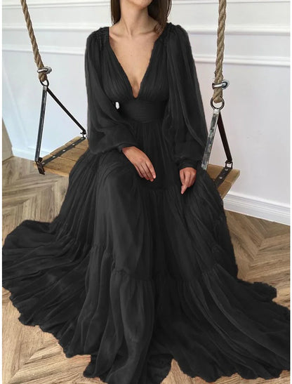 A-Line Evening Gown Elegant Dress Red Green Dress Formal Wedding Guest Floor Length Long Sleeve V Neck Chiffon with Ruched
