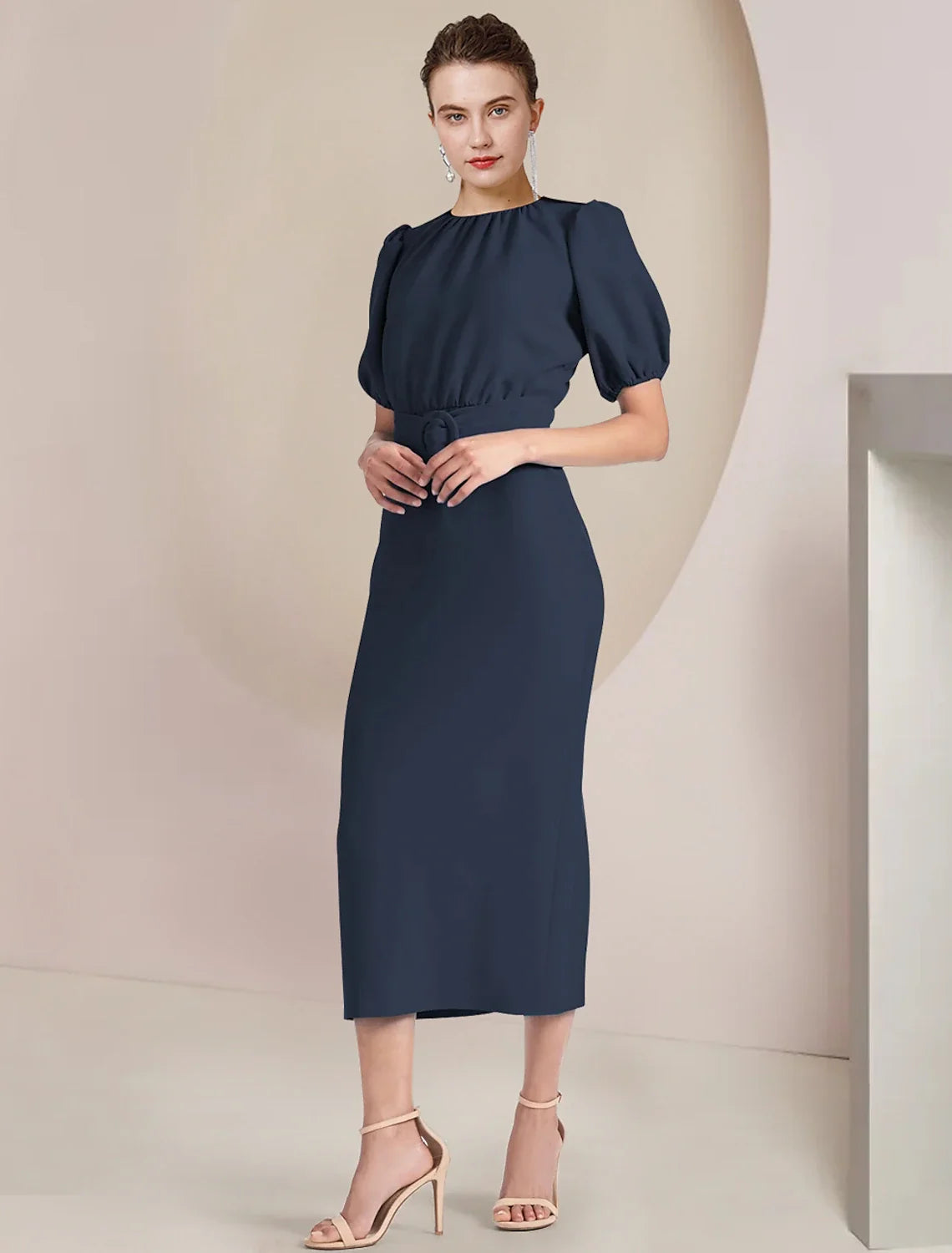 Sheath / Column Mother of the Bride Dress Formal Wedding Guest Elegant Scoop Neck Tea Length Chiffon Short Sleeve with Sash / Ribbon