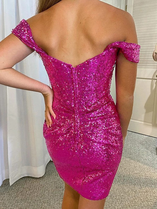Tight straight sequin pleated off shoulder sleeveless short Homecoming Dress
