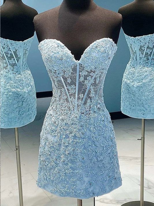 A-line Princess Lace Applique Sweetheart Sleeveless Tight Bra Short Homecoming Dress
