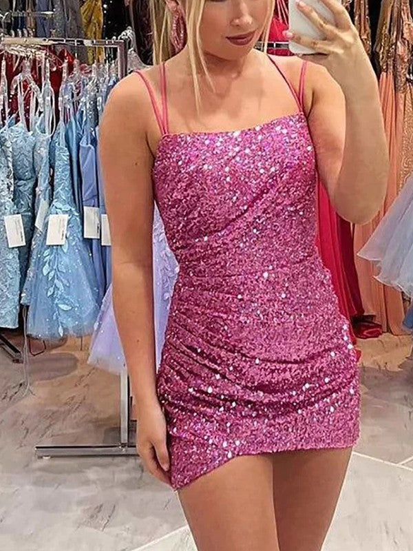 Tight straight tube sequin pleated square sleeveless short Homecoming Dress