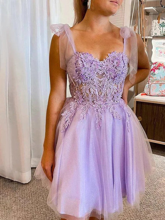 A-line Princess Tulle Applique Sweetheart Sleeveless Tight Bra Short/Mini Dress Homecoming Dress