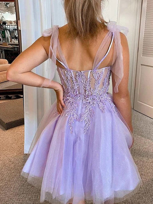 A-line Princess Tulle Applique Sweetheart Sleeveless Tight Bra Short/Mini Dress Homecoming Dress