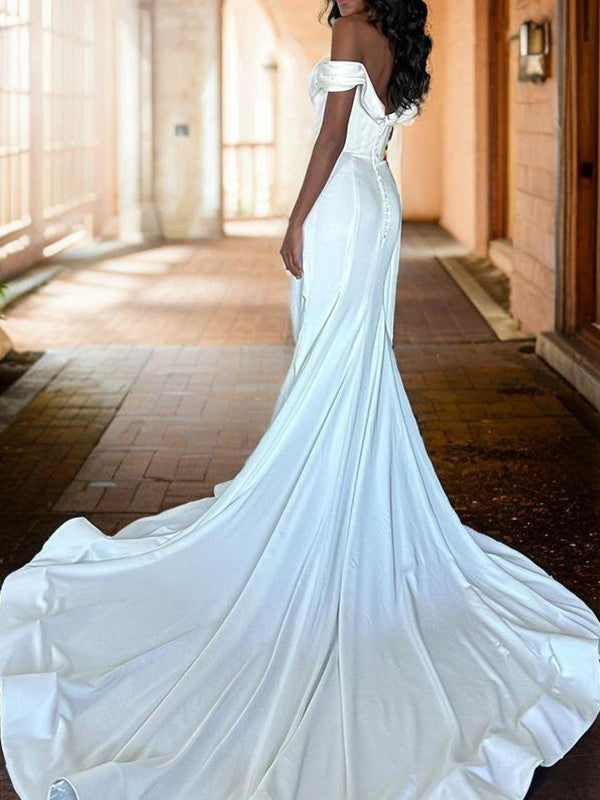 Tight off shoulder pleated cathedral train woven satin tight fitting corset wedding dress