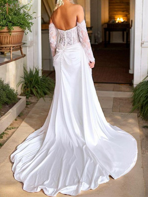 Tight Sweetheart Long sleeved Applique Lace Church Tail Woven Satin Tight Corset Wedding Dress