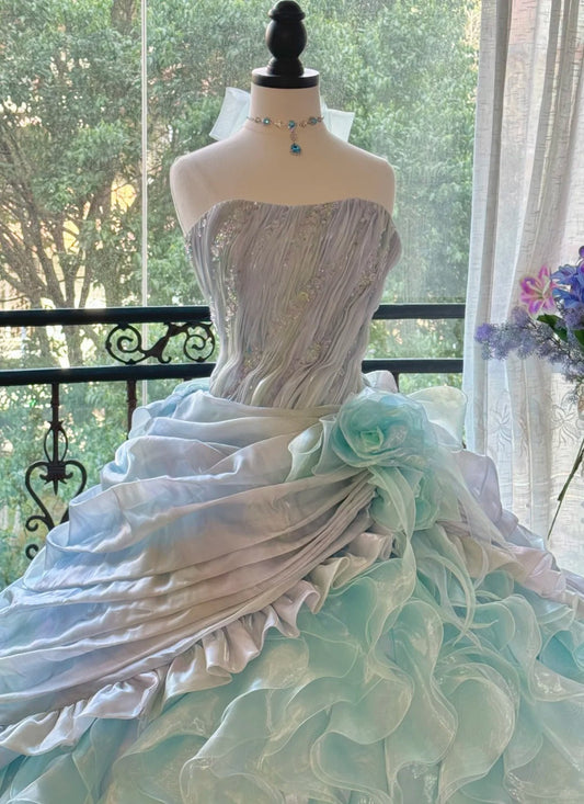 Girlhomeshops-Blue Gorgeous Elegant Shiny Long Tulle Quinceanera Dresses Prom Dress Graduation Dress gh5002