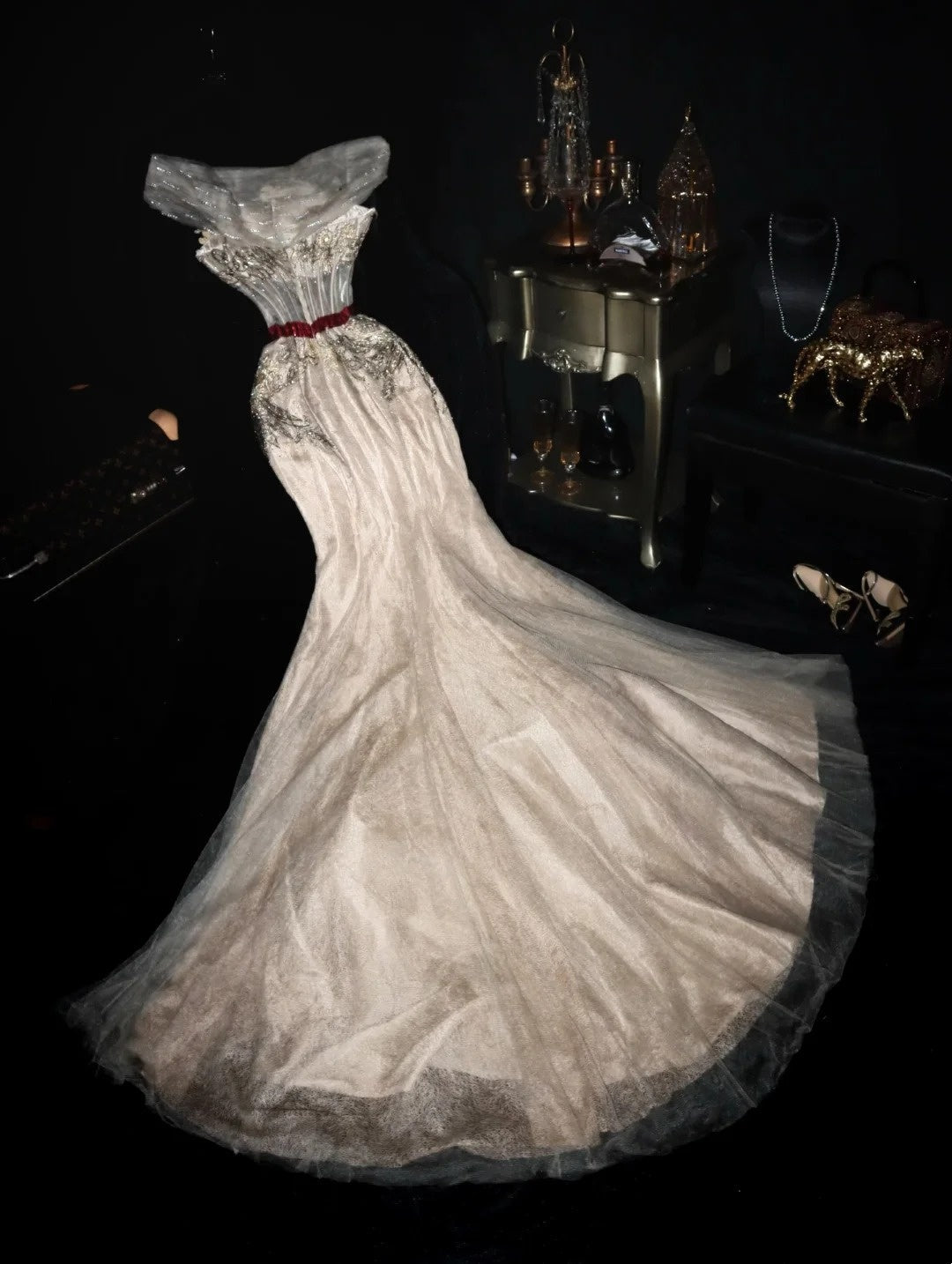 Luxury Retro Style Gold Embroidery Red Belt Strapless Mermaid Gown - Dinner & Noble Theme Ball Dress gh6569