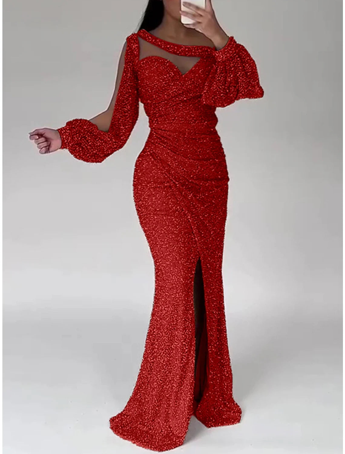 Mermaid Dress Evening Gown Christmas Red Green Dress Formal Sweep / Brush Train Long Sleeve Scoop Neck Sequined with Glitter Ruched Slit 2026