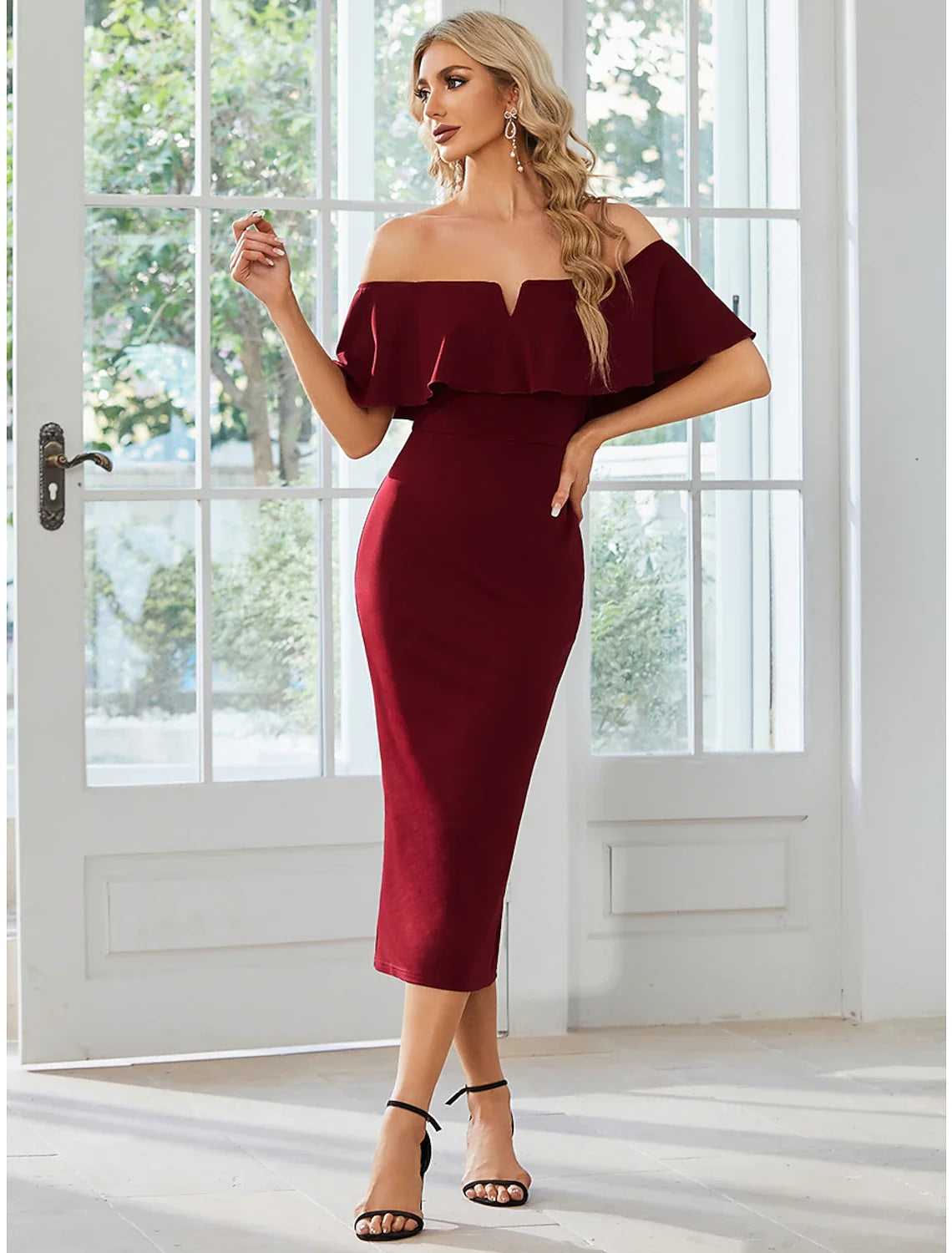 Sheath / Column Wedding Guest Dresses Minimalist Dress Party Wear Wedding Party Tea Length Short Sleeve Off Shoulder Bridesmaid Dress Fabric with Slit Pure Color