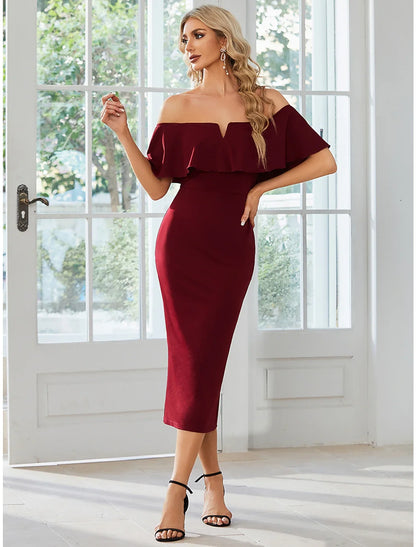 Sheath / Column Wedding Guest Dresses Minimalist Dress Party Wear Wedding Party Tea Length Short Sleeve Off Shoulder Bridesmaid Dress Fabric with Slit Pure Color