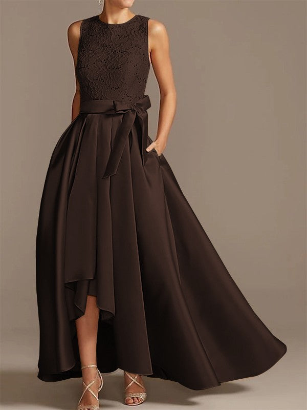Noble A-shaped Princess Satin Belt, Ribbon Belt Applique Low Round Sleeveless Asymmetric Bride Mother of the Bride Dresses