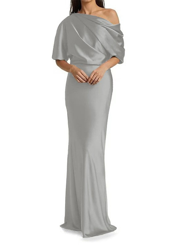 Elegant and tight fitting column shaped woven satin pleats on one shoulder 1/2 sleeves and floor length bridal Mother of the Bride Dresses