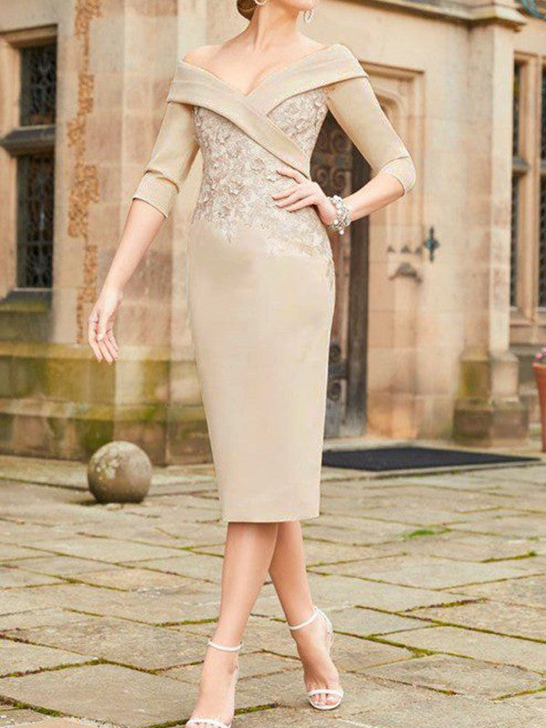 Tight fit/straight tube lace patch flower exposed shoulder long bridal mother dress