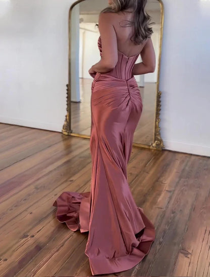 A-Line Prom Dresses Elegant Dress Formal Floor Length Sleeveless Strapless Satin with Ruched Slit