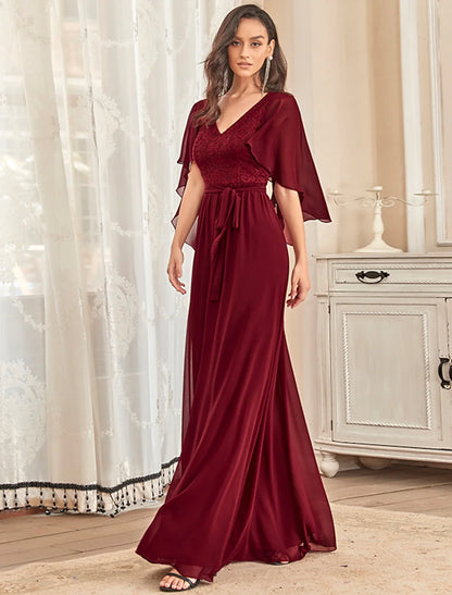 A-Line Mother of the Bride Dress Plus Size Elegant V Neck Floor Length Chiffon Tulle Half Sleeve with Sash / Ribbon