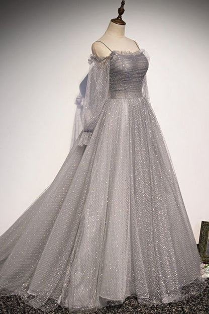 Grey Shiny Elegant Long Sleeves Long Tulle Prom Dress Prom Dress Prom Gowns Graduation Dresses
