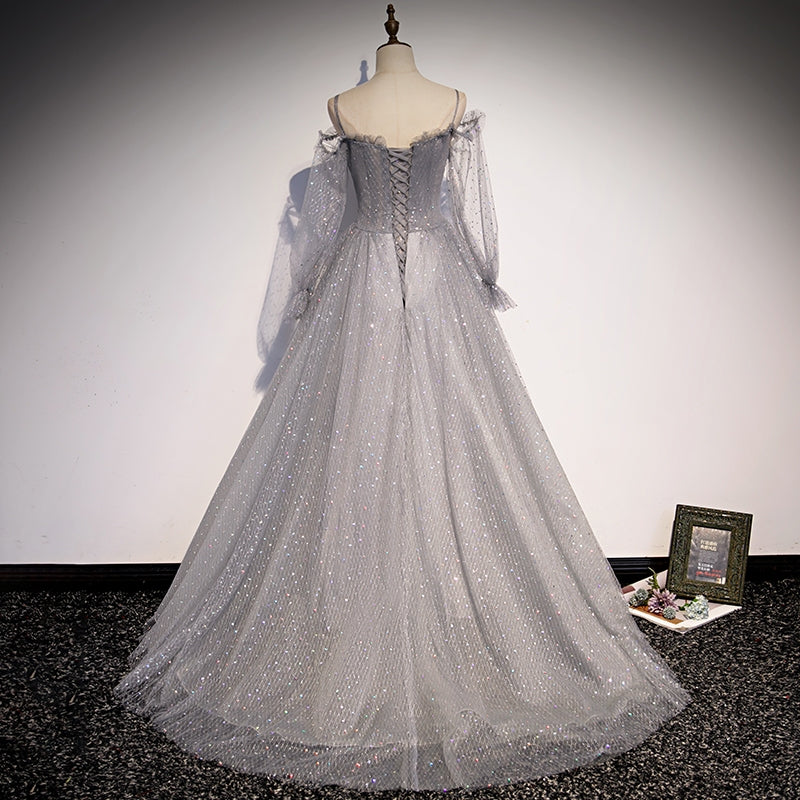 Grey Shiny Elegant Long Sleeves Long Tulle Prom Dress Prom Dress Prom Gowns Graduation Dresses