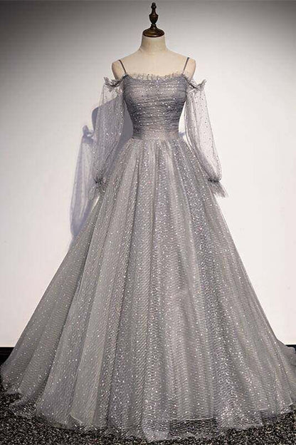 Grey Shiny Elegant Long Sleeves Long Tulle Prom Dress Prom Dress Prom Gowns Graduation Dresses