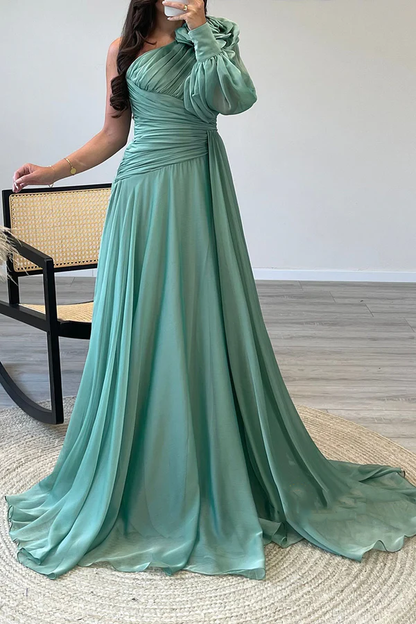 A-line shoulder chiffon pleated long style evening dress