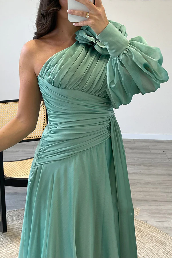 A-line shoulder chiffon pleated long style evening dress