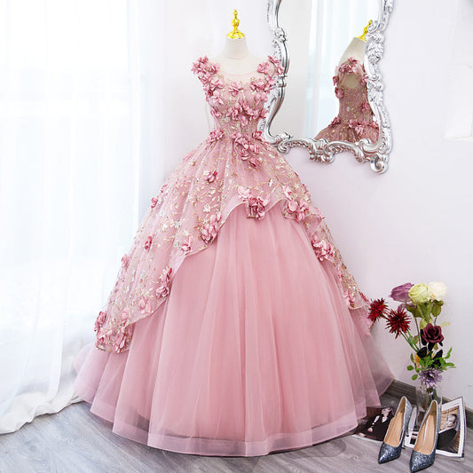 Lovely Pink Tulle Long Prom Dresses With Flowers, Pink Tulle Sweet 16 Gowns
