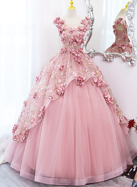 Lovely Pink Tulle Long Prom Dresses With Flowers, Pink Tulle Sweet 16 Gowns