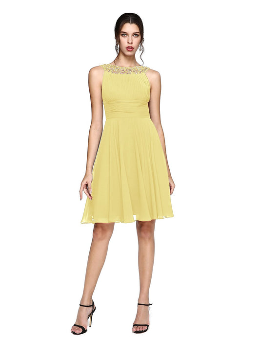 A-Line Cocktail Dresses Party Dress Wedding Guest Cocktail Party Knee Length Sleeveless Illusion Neck Chiffon with Ruched Sequin Lace Insert