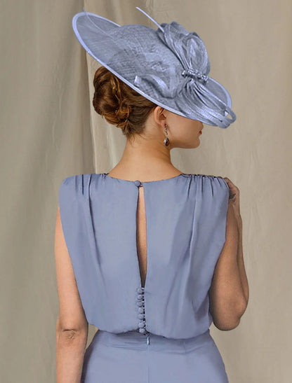 Sheath / Column Mother of the Bride Dress Elegant Sweet Jewel Neck Knee Length Fabric Sleeveless with Ruffles
