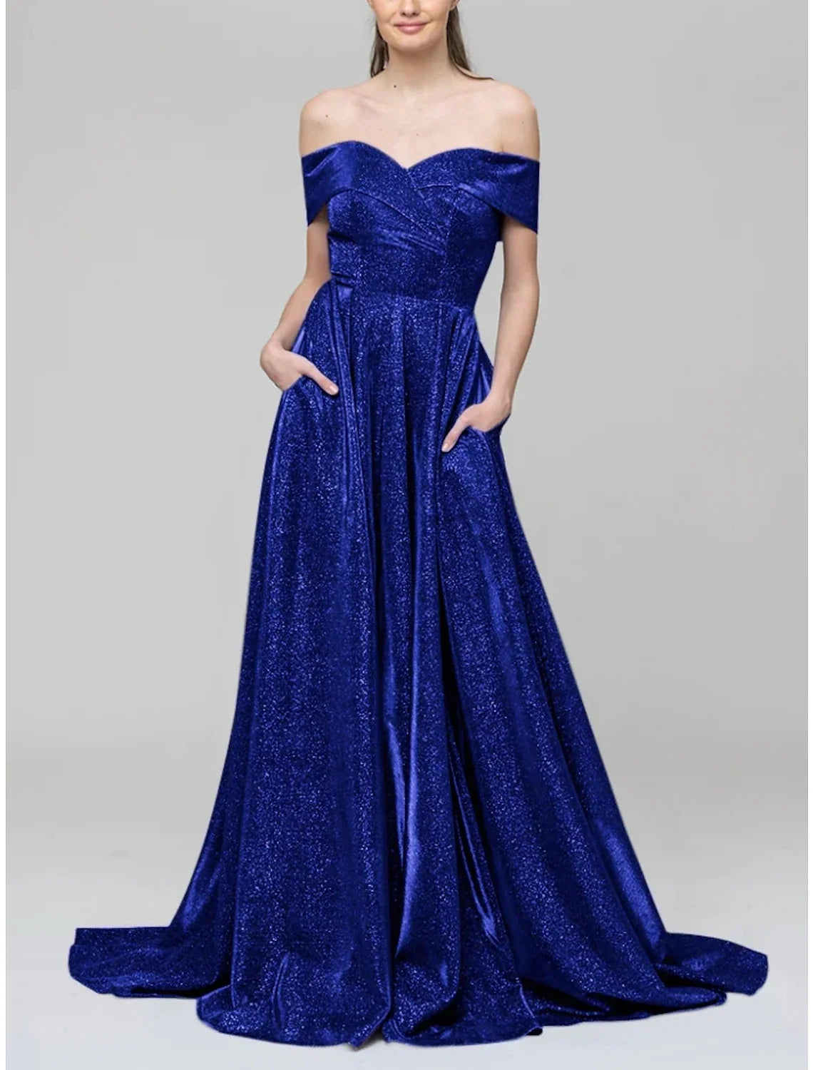 A-Line Evening Gown Sparkle & Shine Dress Formal Court Train Short Sleeve Off Shoulder Sequined with Glitter Pleats 2026