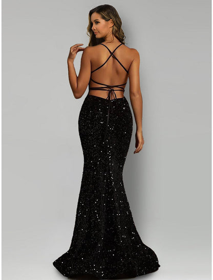 Mermaid / Trumpet Evening Gown Sparkle & Shine Dress Formal Black Tie Sweep / Brush Train Sleeveless Halter Neck Sequined with Sequin