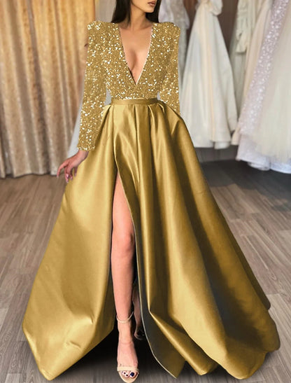 A-Line Evening Gown Red Green Dress Formal Black Dress Plus Size Wedding Court Train Half Sleeve V Neck Satin with Sequin Slit