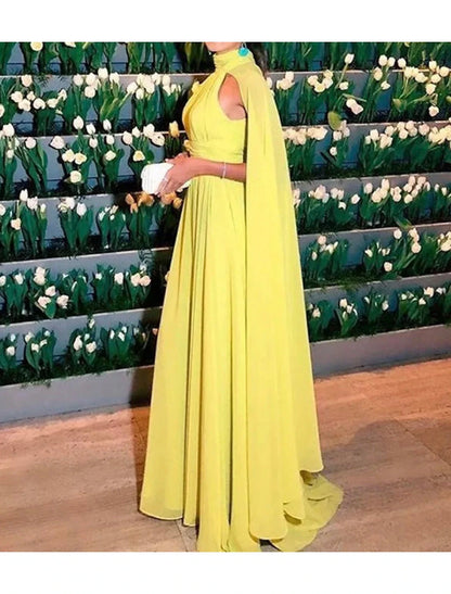 A-Line Evening Gown Elegant Dress Formal Wedding Guest Floor Length Sleeveless High Neck Capes Chiffon with Ruched