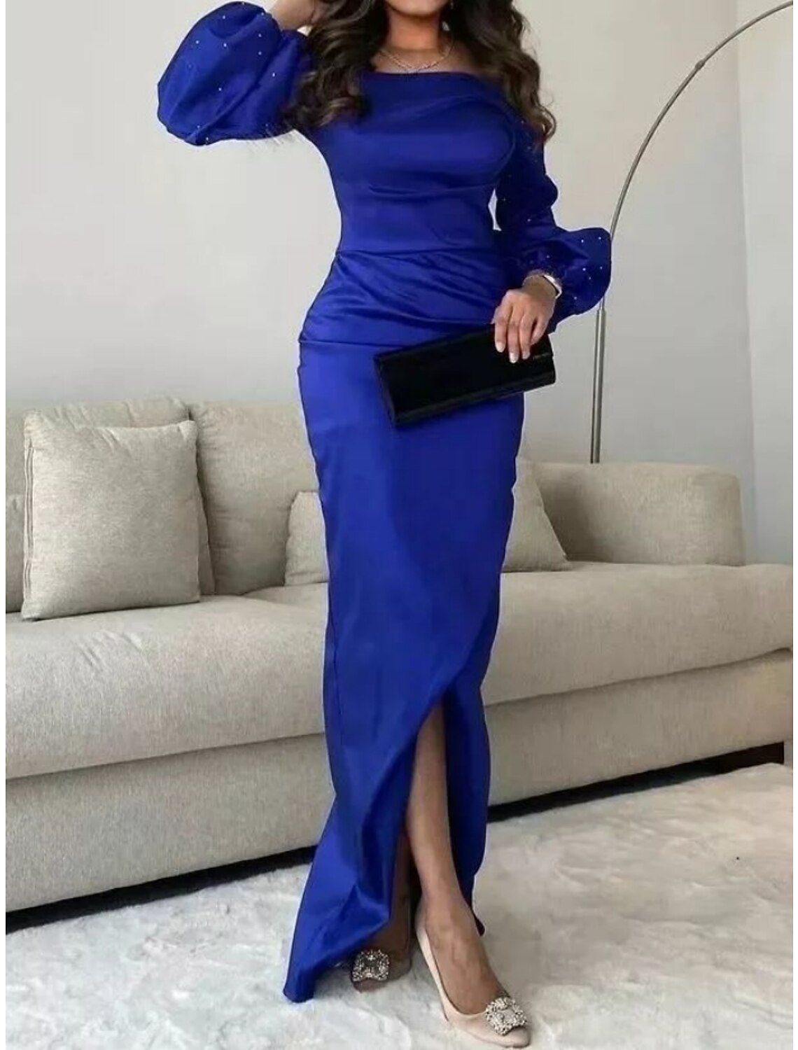Mermaid / Trumpet Evening Gown Elegant Dress Formal Floor Length Long Sleeve Square Neck Satin with Ruched Sequin Slit 2026
