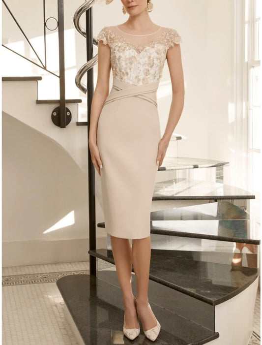 Two Piece Sheath / Column Mother of the Bride Dress Wedding Guest Elegant Jewel Neck Knee Length Fabric Half Sleeve with Lace Beading Sequin