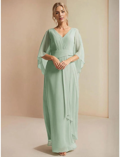 A-Line Mother of the Bride Dress Sage Wedding Guest Elegant Simple Wrap Included V Neck Floor Length Chiffon 3/4 Length Sleeve with Pleats Ruched Ruffles