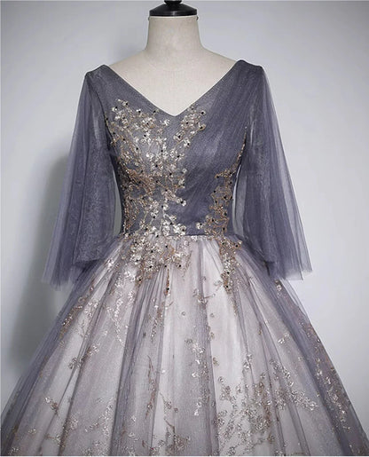 Beautiful Tulle V-neckline Long Formal Dress, Tulle Lace Applique Party Dress TP1009