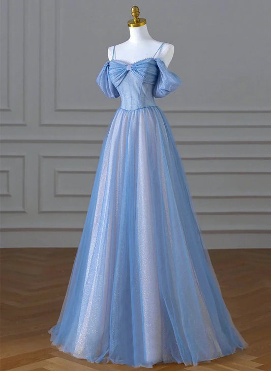 A-line Light Blue and Pink Long Evening Dress, Blue Party Dress Prom Dress TP1029