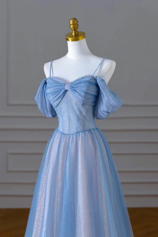 A-line Light Blue and Pink Long Evening Dress, Blue Party Dress Prom Dress TP1029