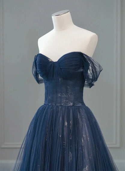 Navy Blue Sweetheart Off Shoulder Tulle Prom Dress, A-line Tulle Formal Dress TP1057