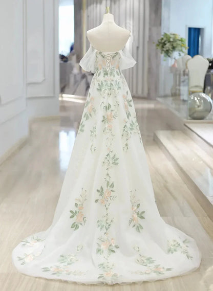 Elegant White Sweetheart Off-the-Shoulder Floral Tulle Wedding Dress TP1061