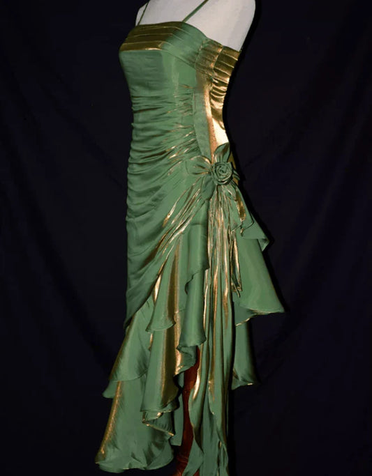 Green Satin Vintage Style High Low Party Dress, Mermaid Spaghetti Strap Dress Formal Dress TP1070