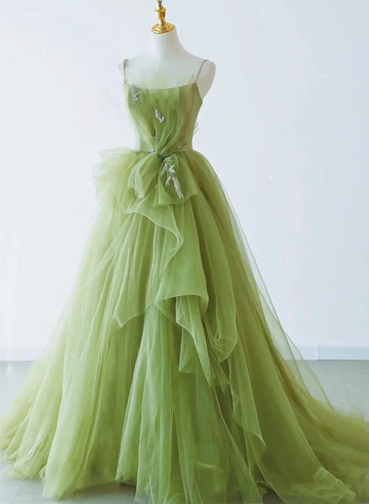 Elegant Green Tulle Straps Long Formal Dress, Green Tulle Evening Dress Party Dress TP1082